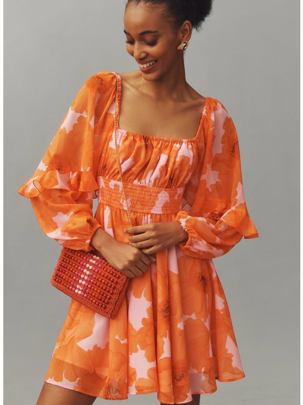 NWOT Hutch Anthropologie Pink/Orange Flounce Smocked Romper Large